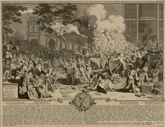Satirischer Stich über das Funktionieren des Law-Systems und seinen Bankrott 1720